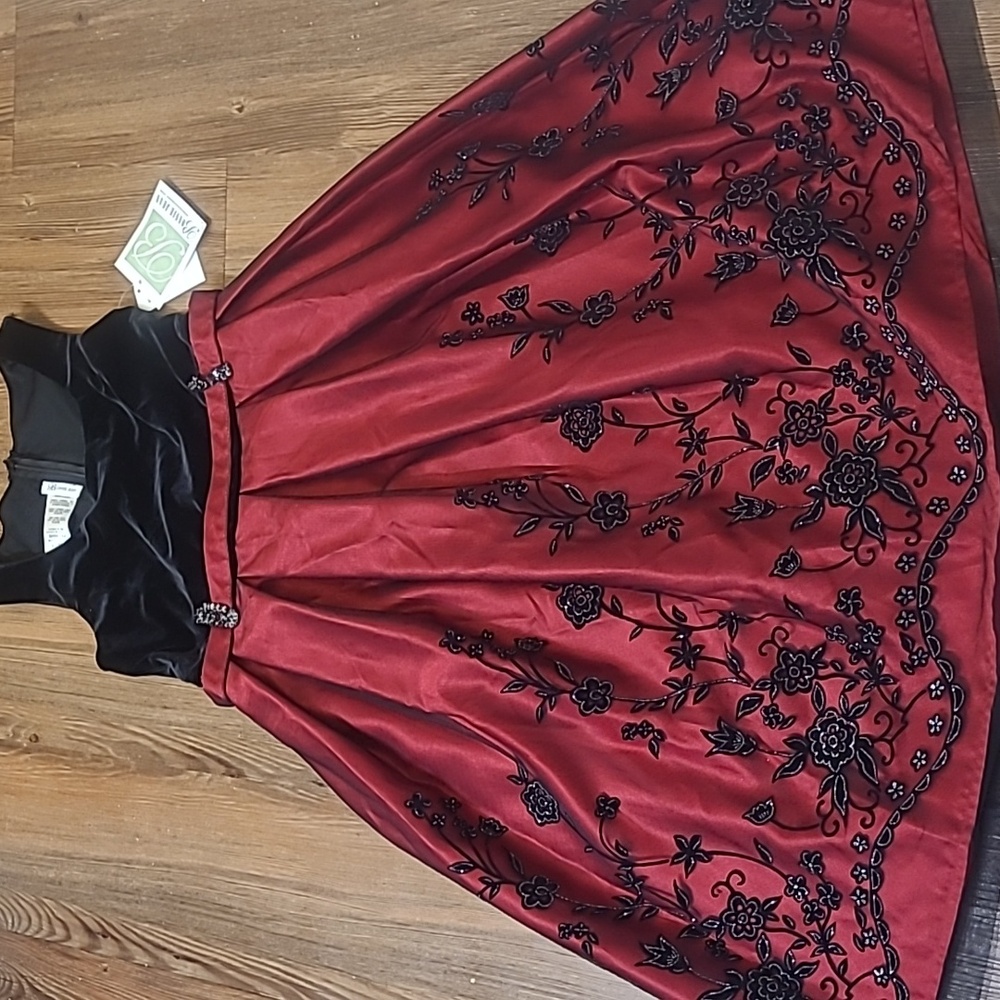 Bonnie Jean Red and Black Embroidered Midi SkirtNEW.